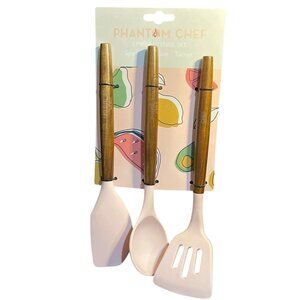 Phantom Chef 3 Piece Utensil Set‎ Pink Silicone Wood Handle Spatula Spoon Turner
